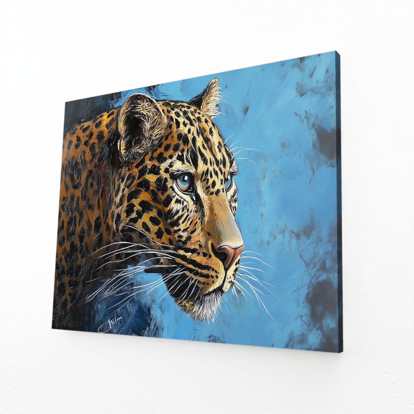 Azure Paint Profile Leopard Wall Art – angled canvas view on white background