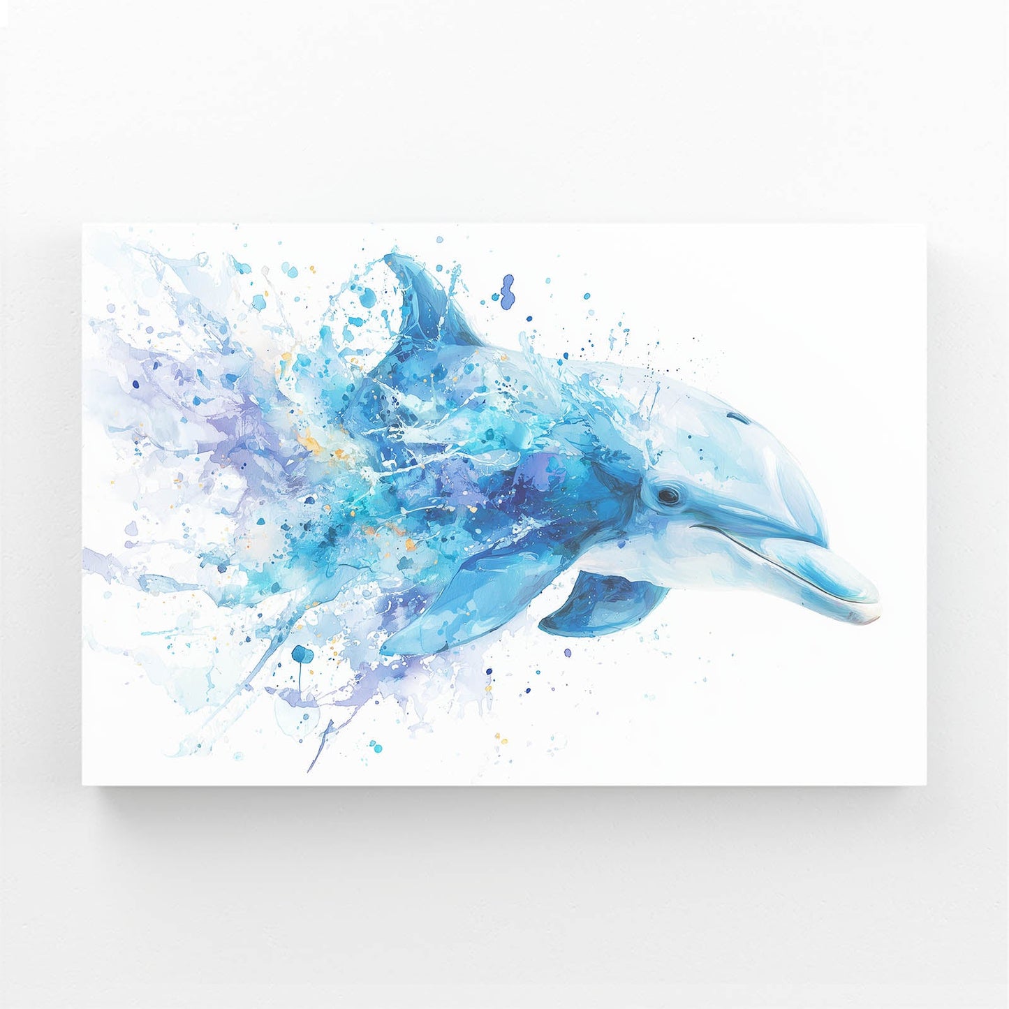 Azure Splash Dolphin Wall Art – angled canvas view on white background