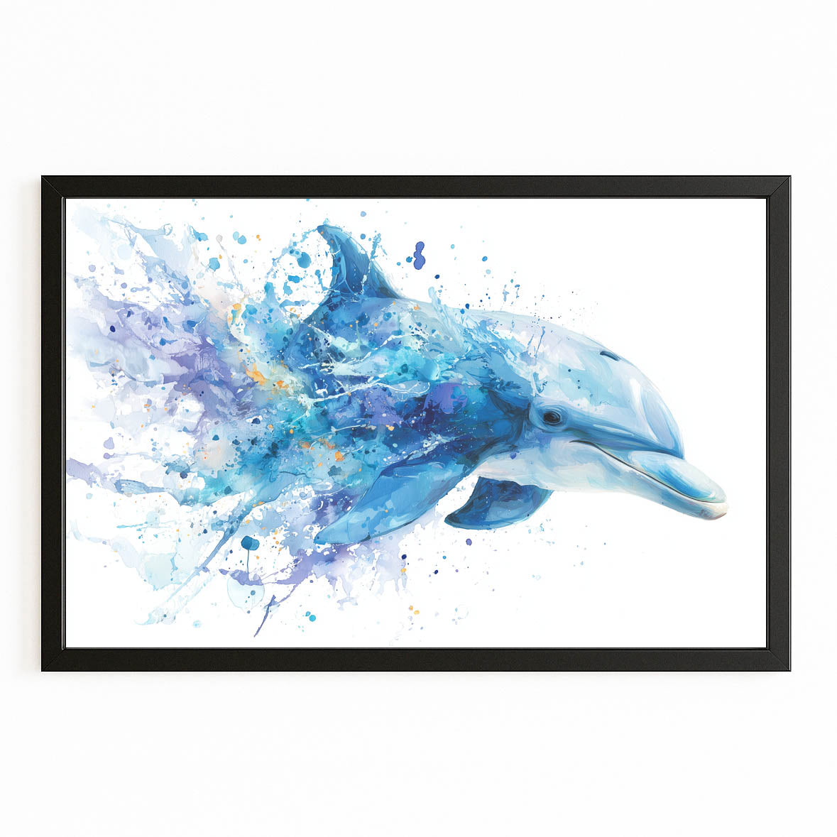Azure Splash Dolphin Wall Art – with Premium Black wood frame on white background