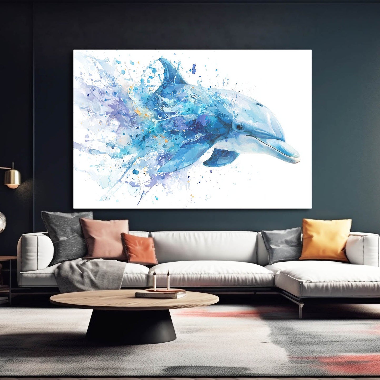 Azure Splash Dolphin Wall Art – styled in a furnished interior