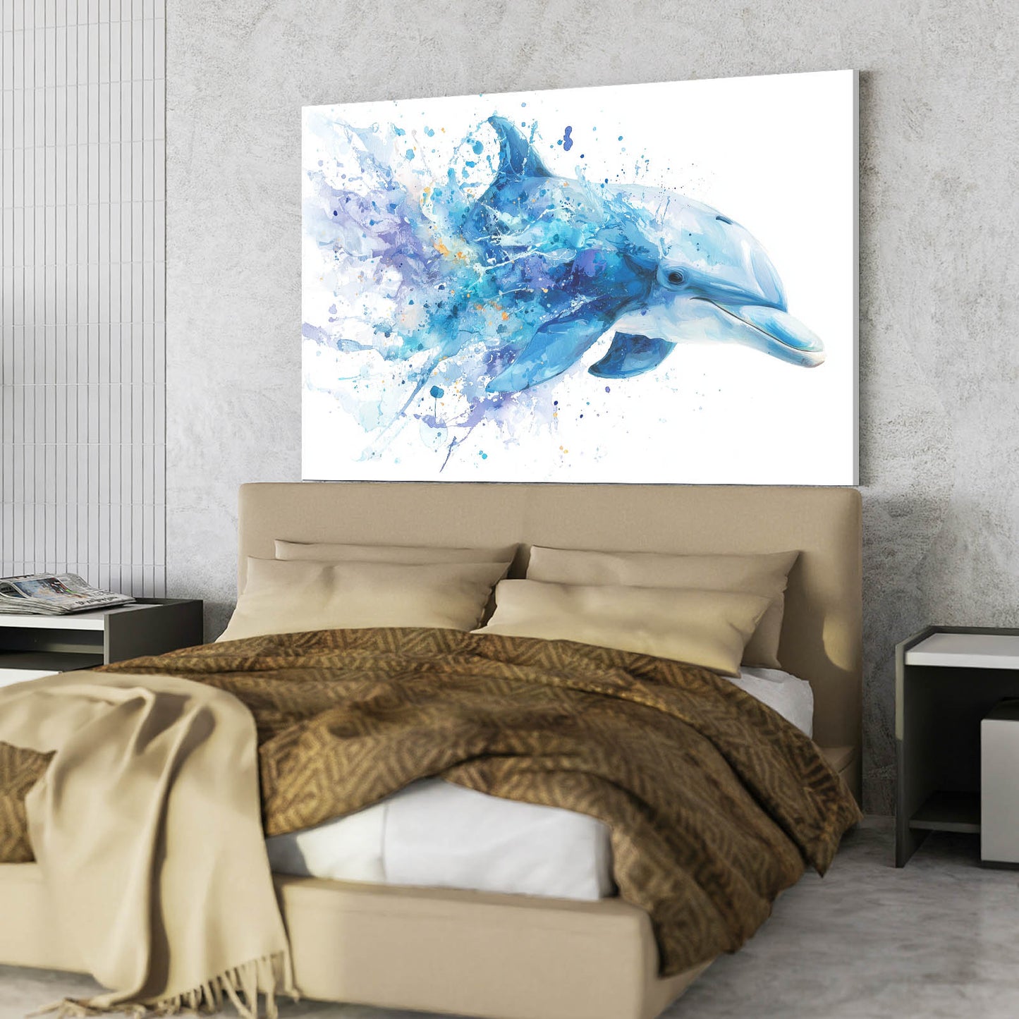 Azure Splash Dolphin Wall Art – styled in a furnished interior