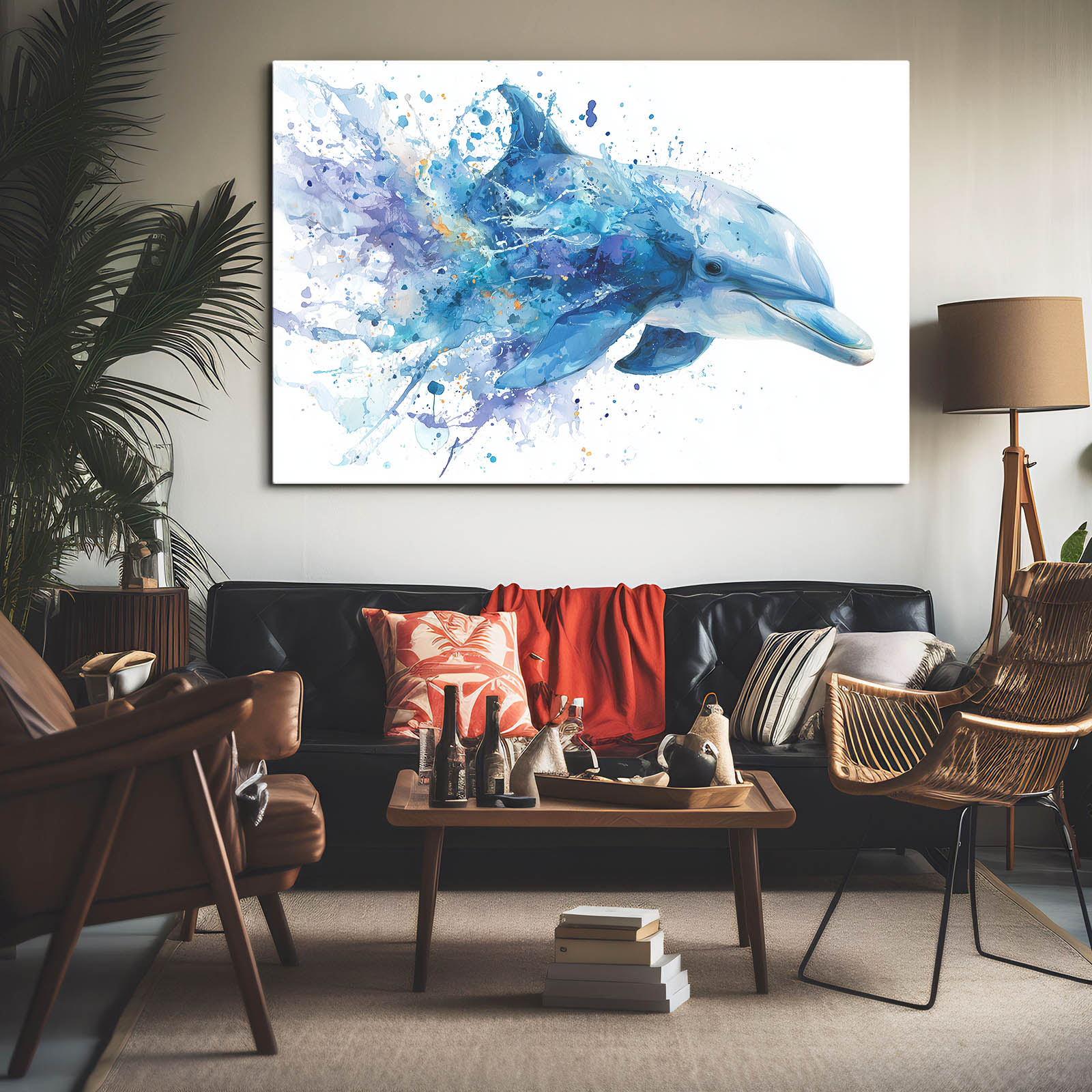 Azure Splash Dolphin Wall Art – styled in a furnished interior