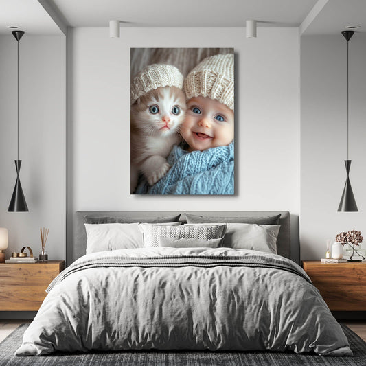 Baby and Cat Wall Art — photography canvas print in brown tones, view 3