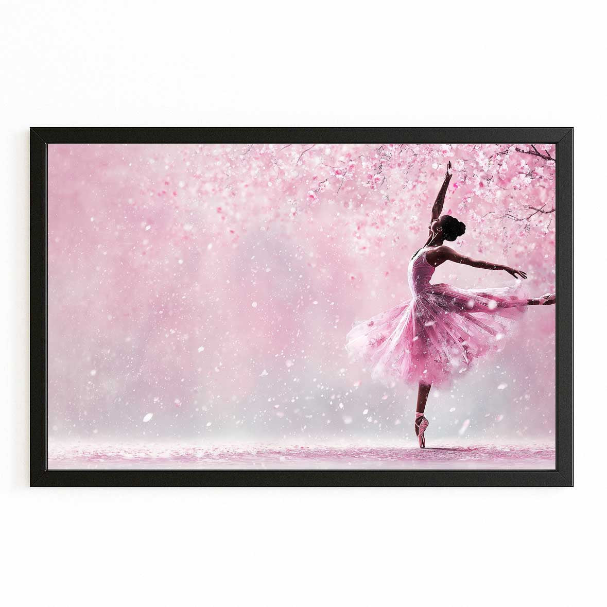 Ballerina In Petals Cherry Blossom Canvas – with Premium Black frame on white background