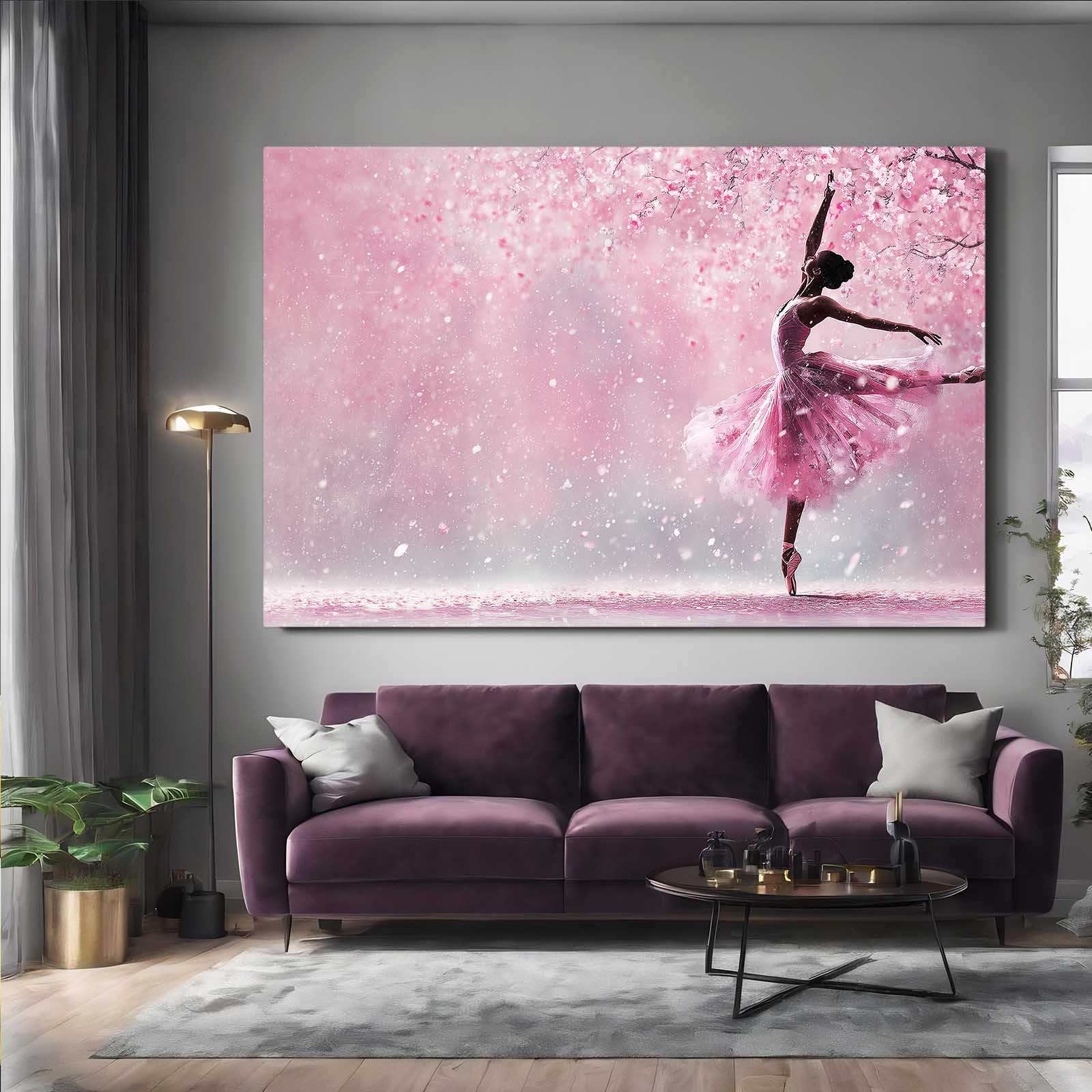 Ballerina In Petals Cherry Blossom Canvas – styled in a furnished interior