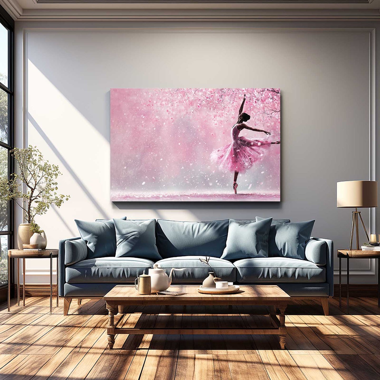Ballerina In Petals Cherry Blossom Canvas – styled in a furnished interior