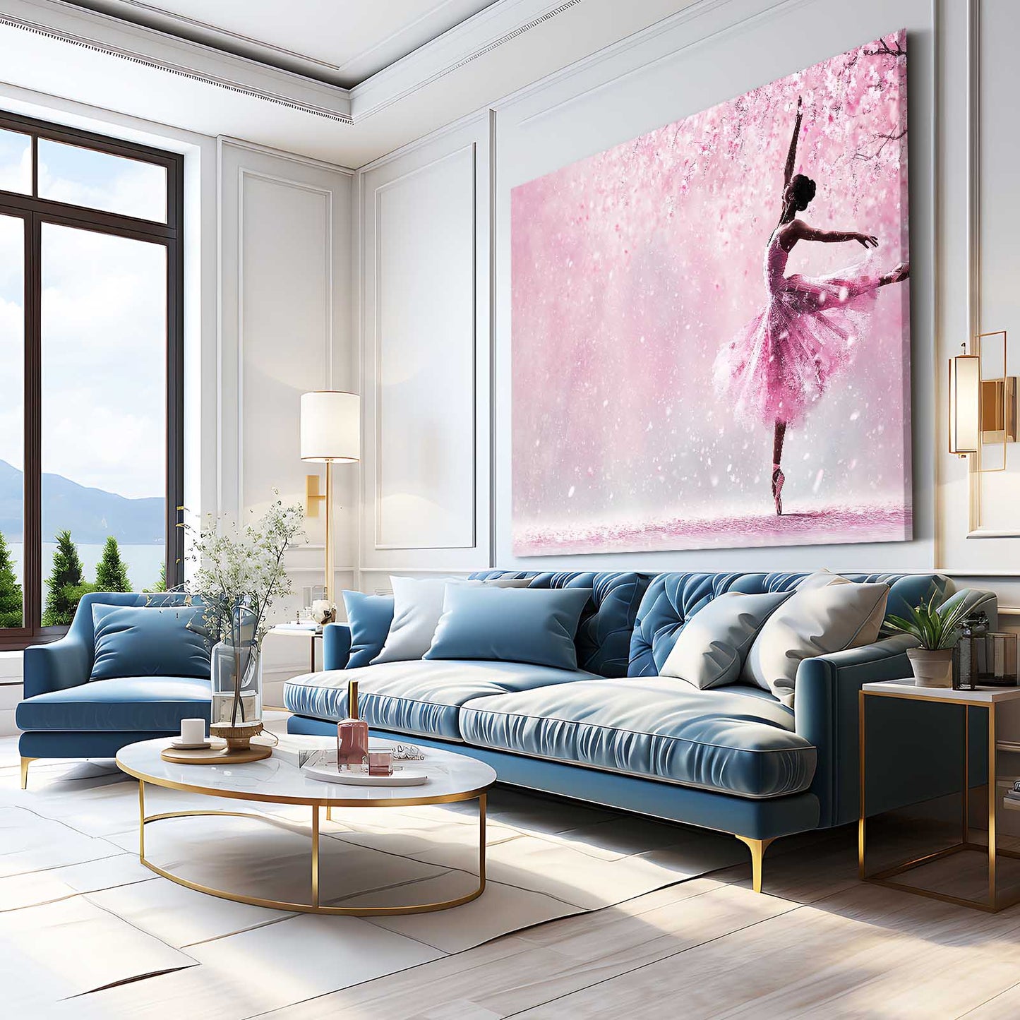 Ballerina In Petals Cherry Blossom Canvas – styled in a furnished interior