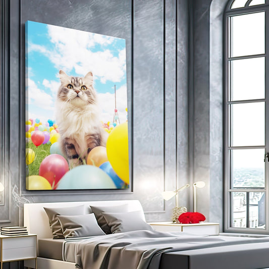 Balloon Cat Wall Art — digital canvas print in white tones, view 3