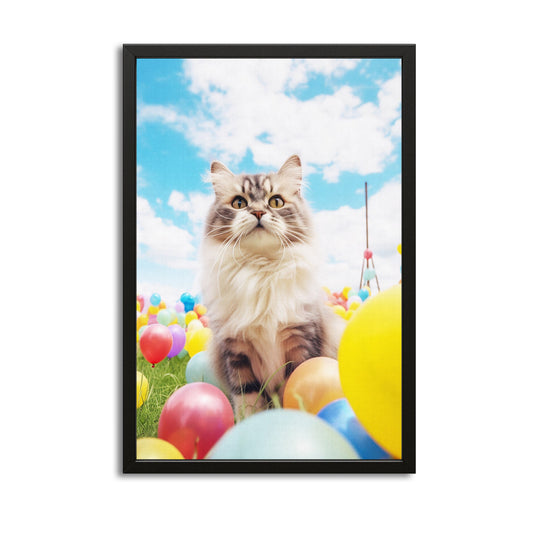 Balloon Cat Wall Art — digital canvas print in white tones, with Premium Black frame on white background