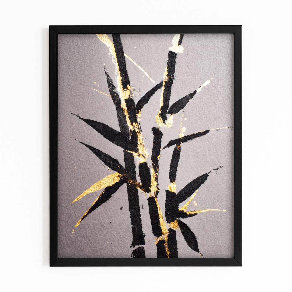 Bamboo Leaf Sprig Gold Art – with Premium Black frame on white background