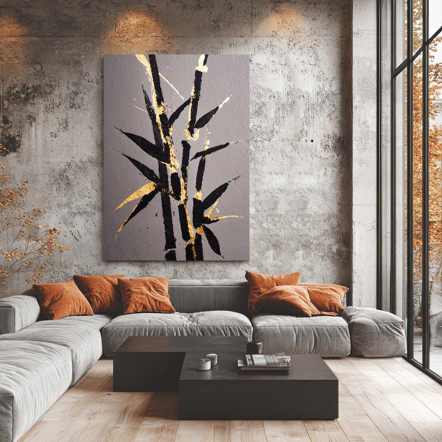 Bamboo Leaf Sprig Gold Art – styled in a furnished interior