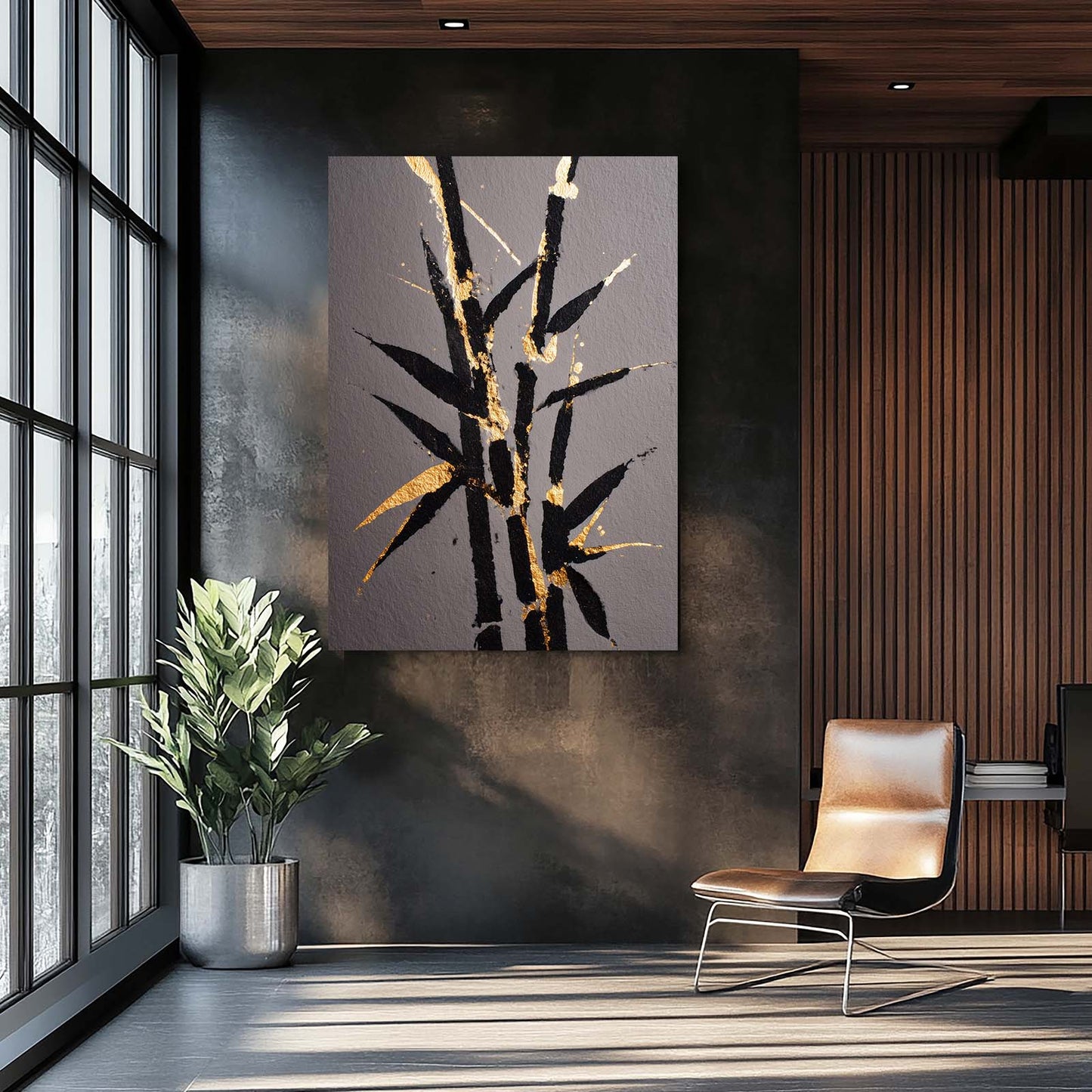 Bamboo Leaf Sprig Gold Art – styled in a furnished interior