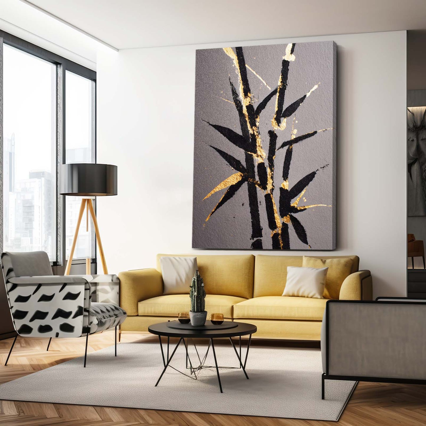 Bamboo Leaf Sprig Gold Art – styled in a furnished interior