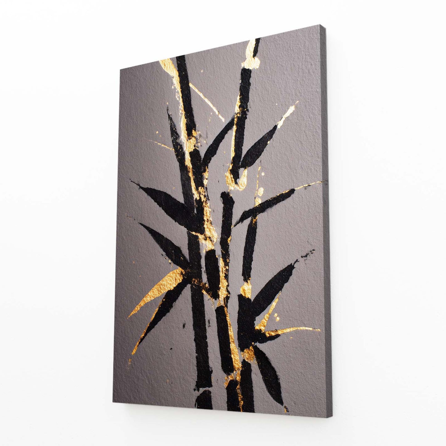 Bamboo Leaf Sprig Gold Art – angled canvas view on white background