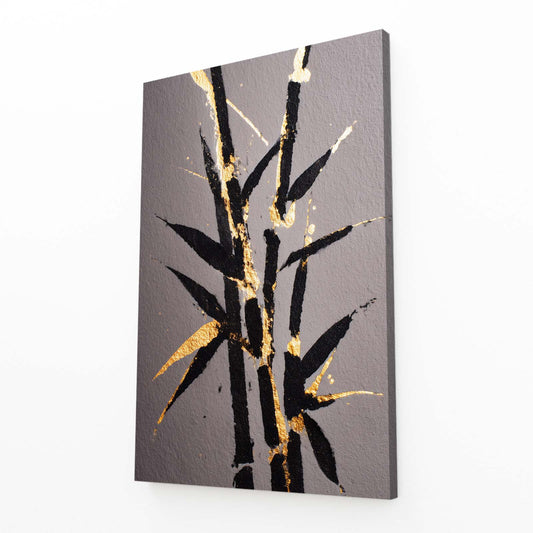 Bamboo Leaf Sprig Gold Art – angled canvas view on white background