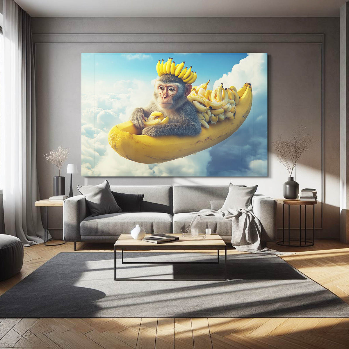 Banana Cloud Ride Monkey Art — surrealism canvas print, styled in a furnished interior