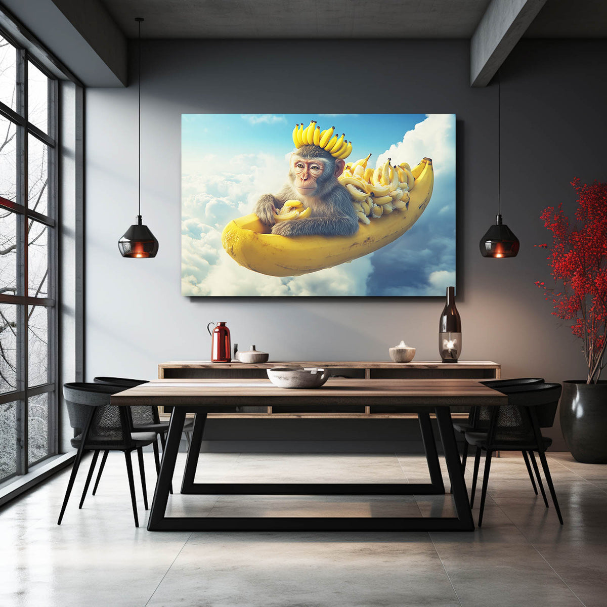 Banana Cloud Ride Monkey Art — surrealism canvas print, styled in a furnished interior