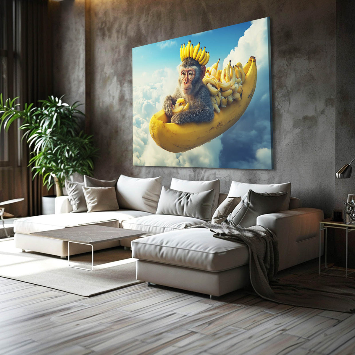 Banana Cloud Ride Monkey Art — surrealism canvas print, styled in a furnished interior