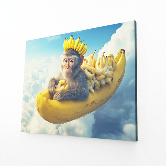 Banana Cloud Ride Monkey Art – angled canvas view on white background