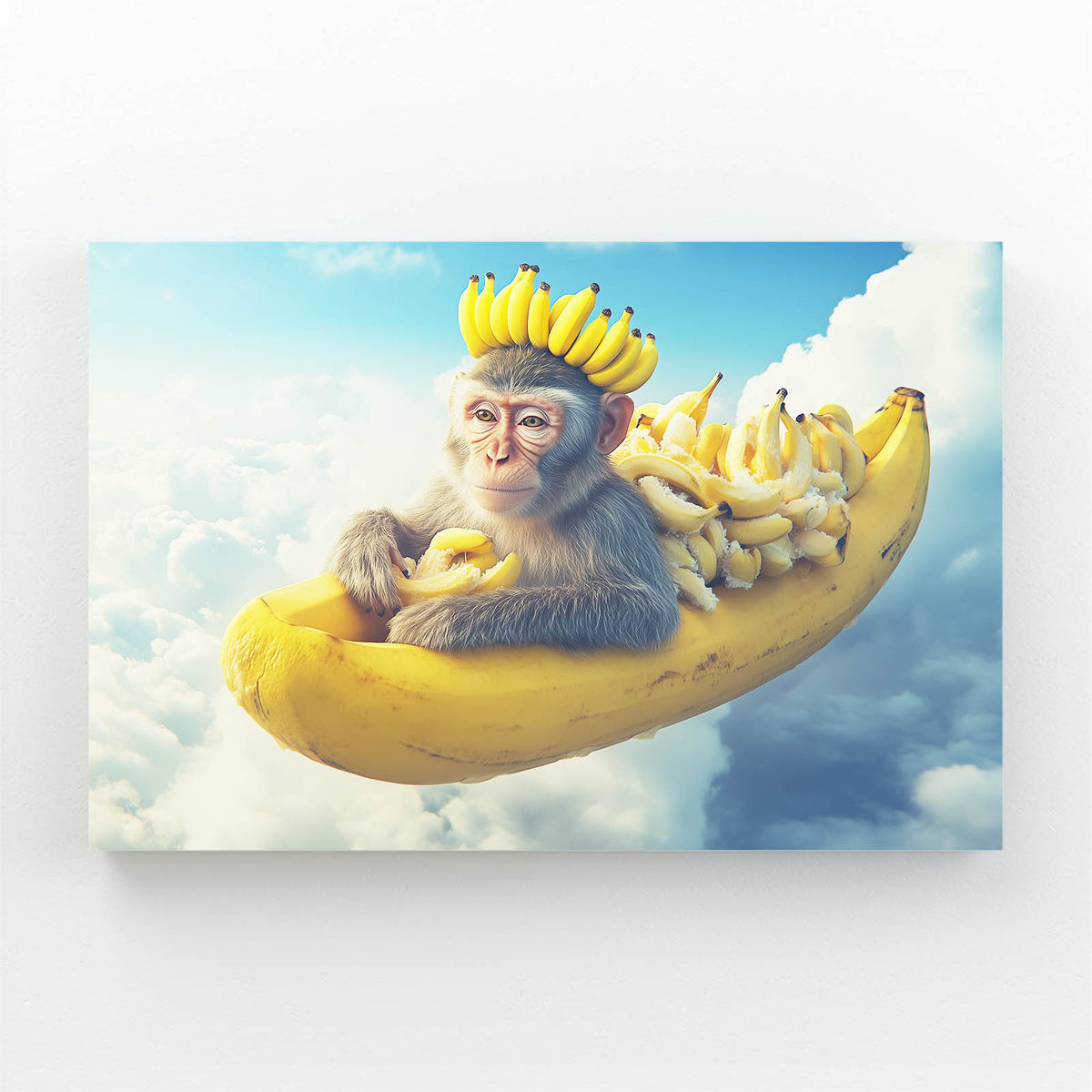 Banana Cloud Ride Monkey Art — surrealism canvas print, angled canvas view on white background