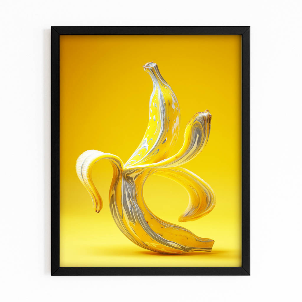 Banana On Yellow Fruit Art – with Premium Black frame on white background