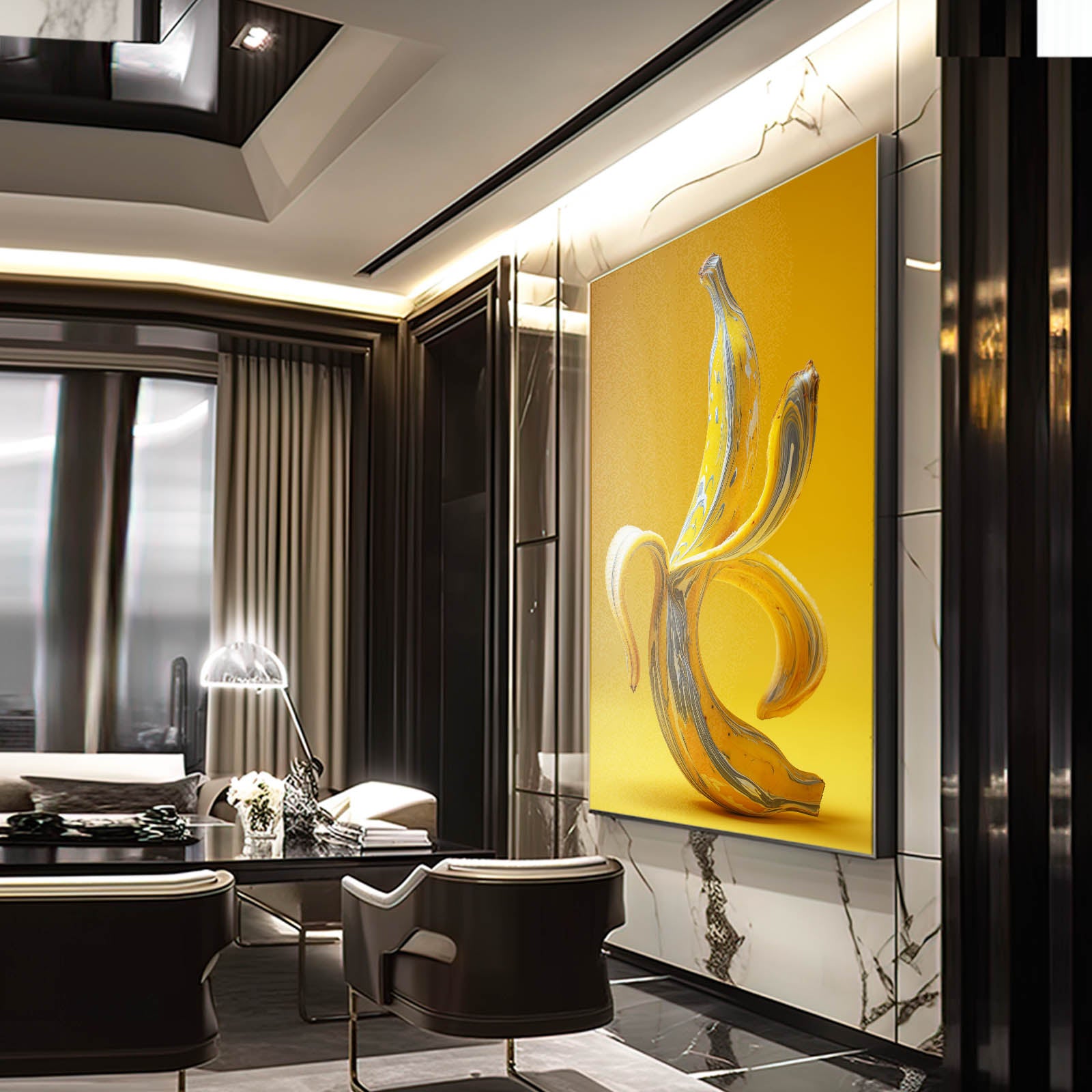 Banana On Yellow Fruit Art – styled in a furnished interior