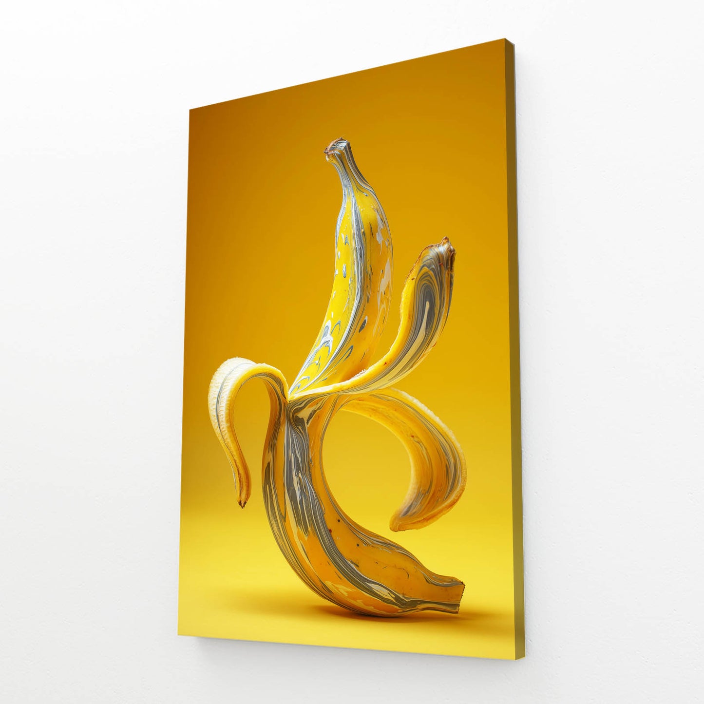 Banana On Yellow Fruit Art – angled canvas view on white background