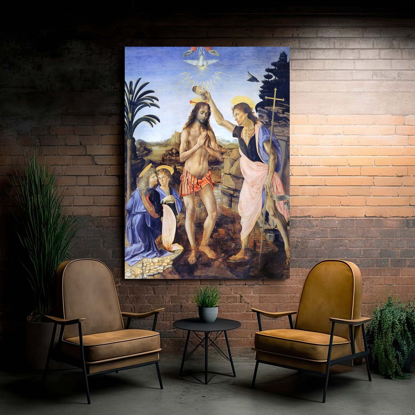 Baptism Of Christ Da Vinci Canvas Art – styled in a furnished interior
