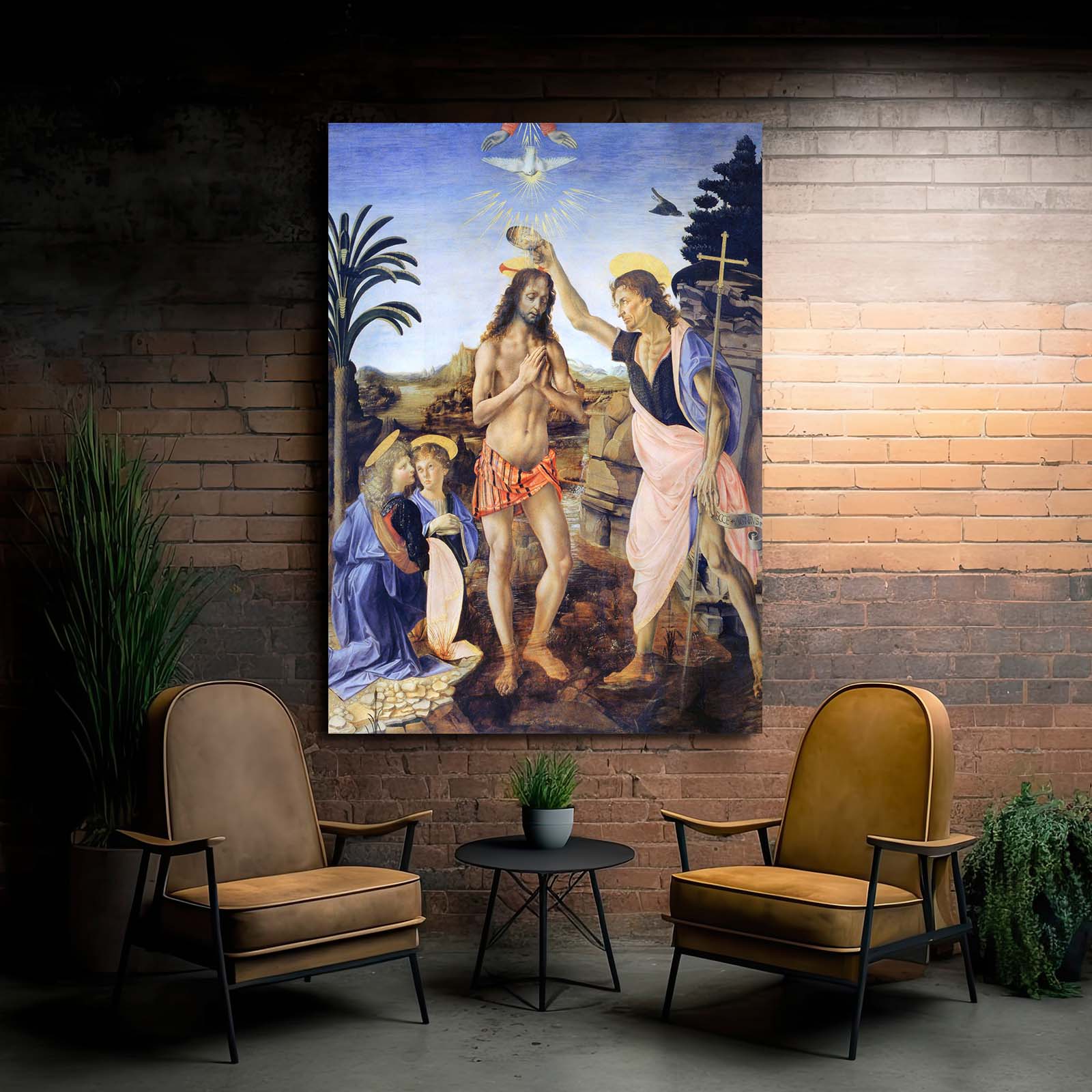 Baptism Of Christ Da Vinci Canvas Art – styled in a furnished interior
