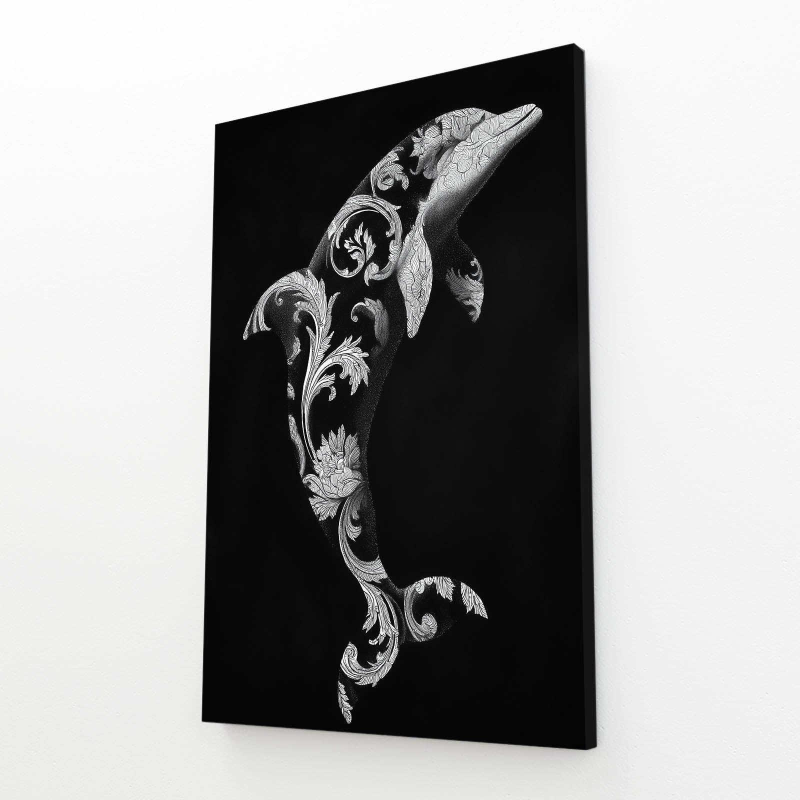 Baroque Bloom Dolphin Wall Art – diving dolphin traced in white baroque floral ornament on a black background