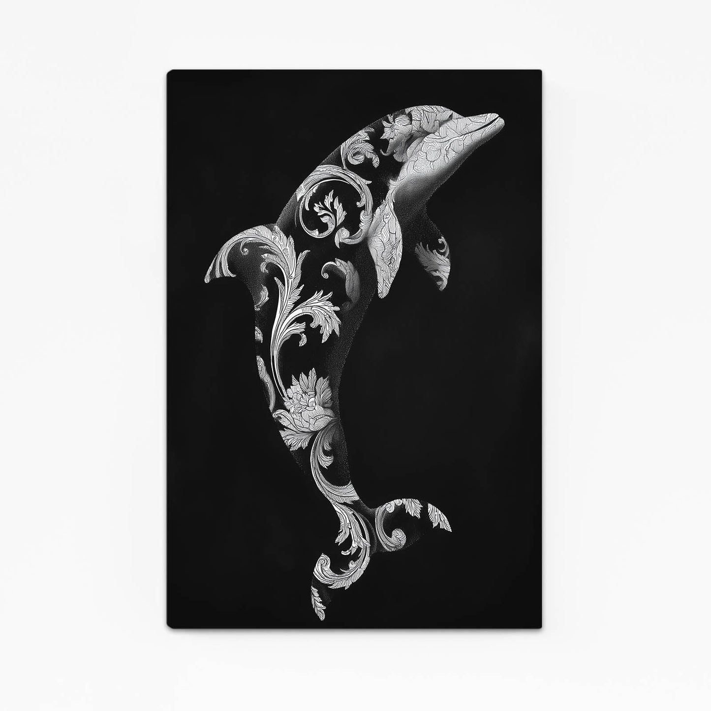 Baroque Bloom Dolphin Wall Art – with Premium Black wood frame on white background