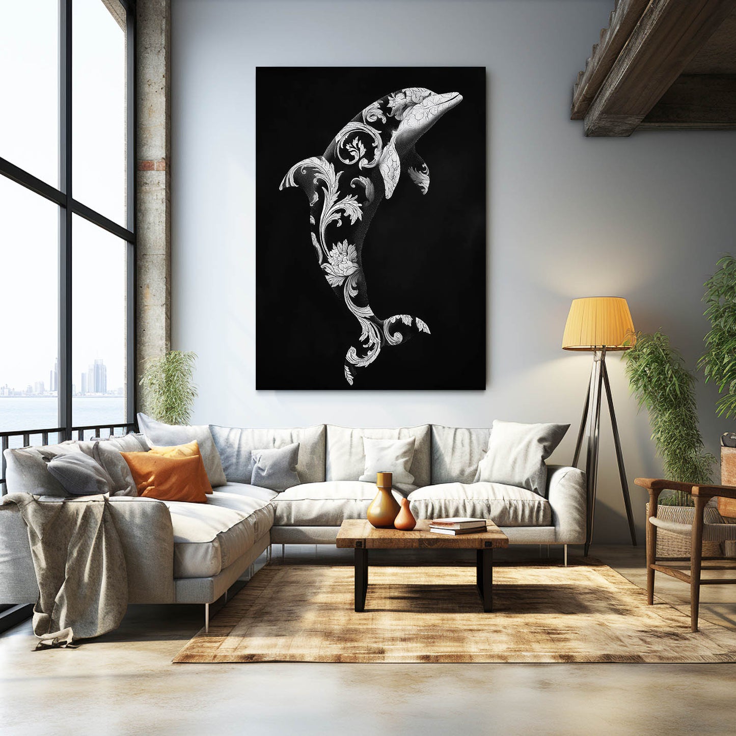 Baroque Bloom Dolphin Wall Art – styled in a furnished interior
