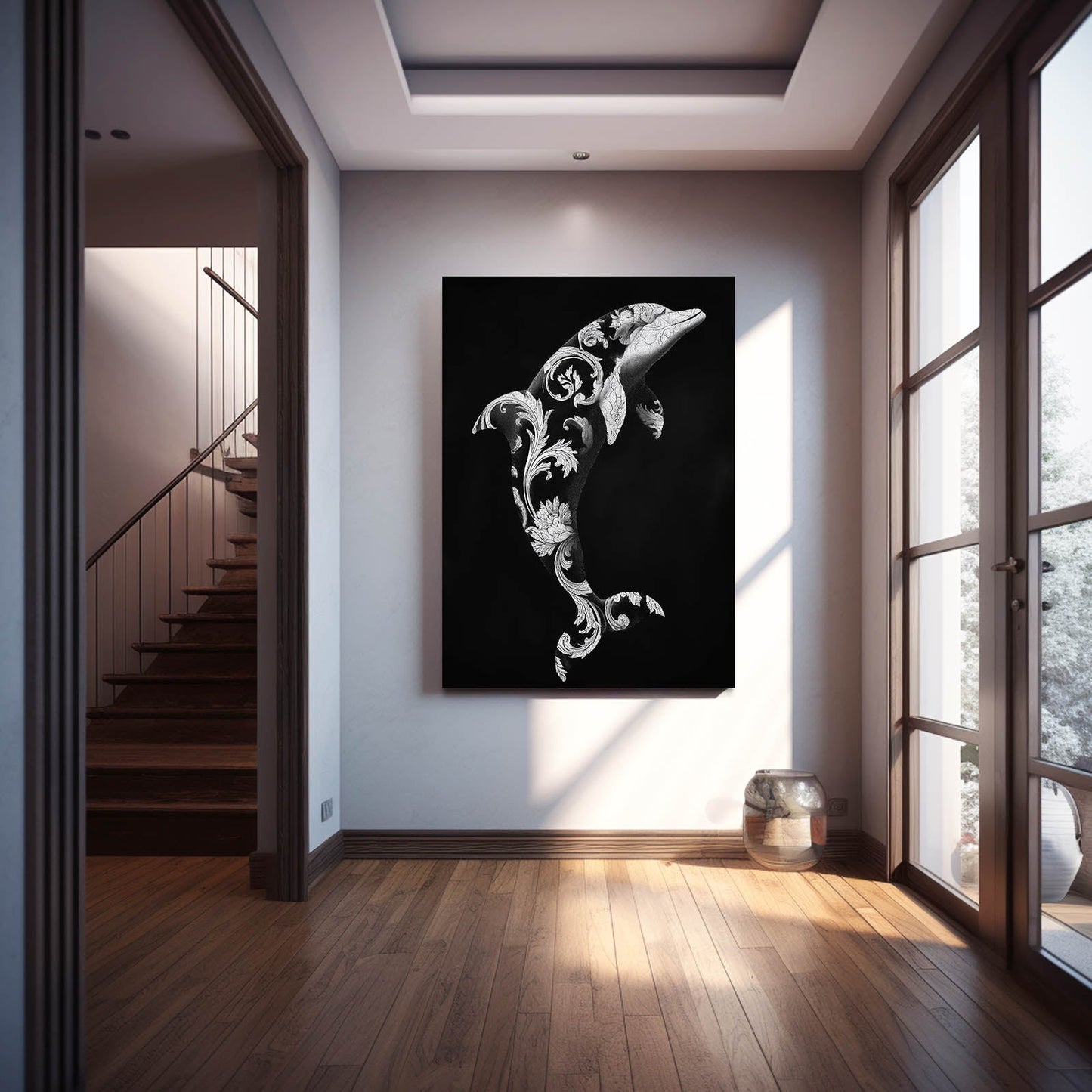 Baroque Bloom Dolphin Wall Art – styled in a furnished interior