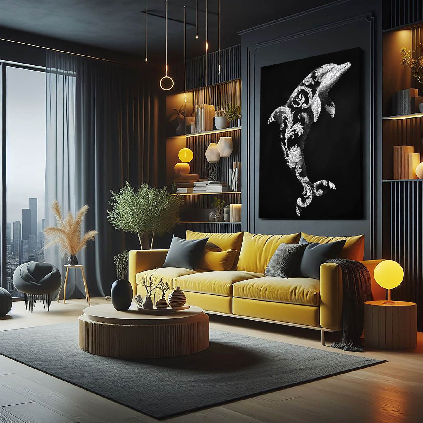 Baroque Bloom Dolphin Wall Art – styled in a furnished interior