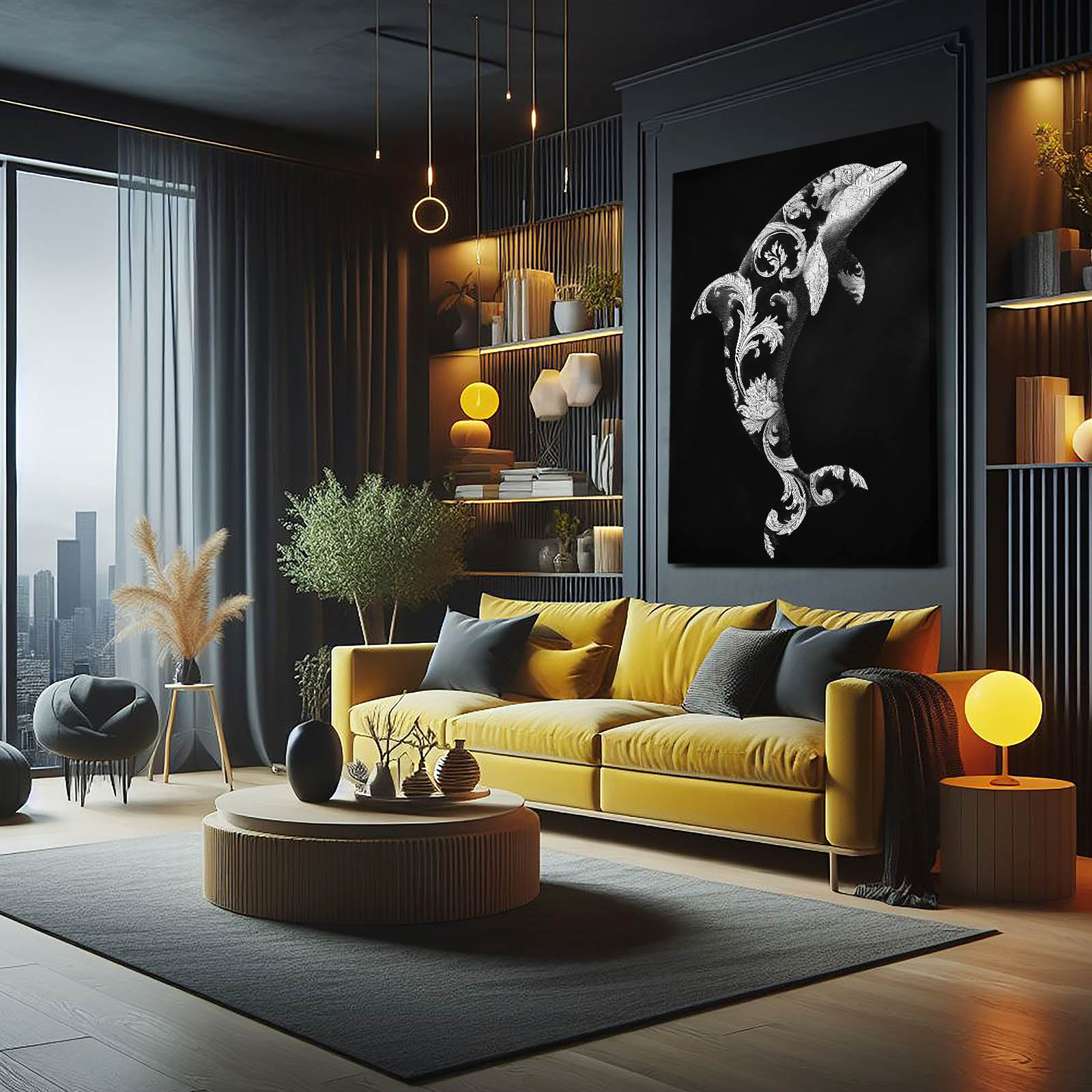 Baroque Bloom Dolphin Wall Art – styled in a furnished interior