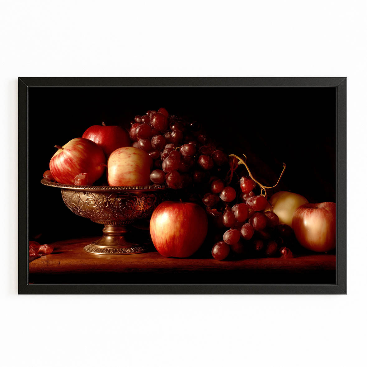 Baroque Fruit Bowl Wall Art – with Premium Black frame on white background