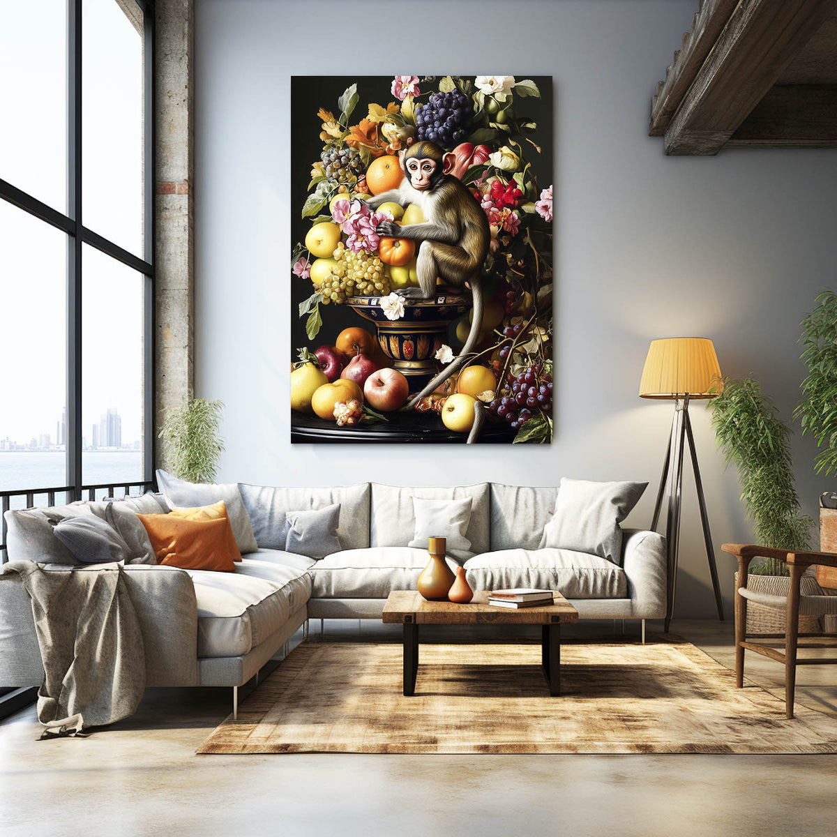 Baroque Fruit Feast Monkey Canvas Art — vintage canvas print, styled in a furnished interior