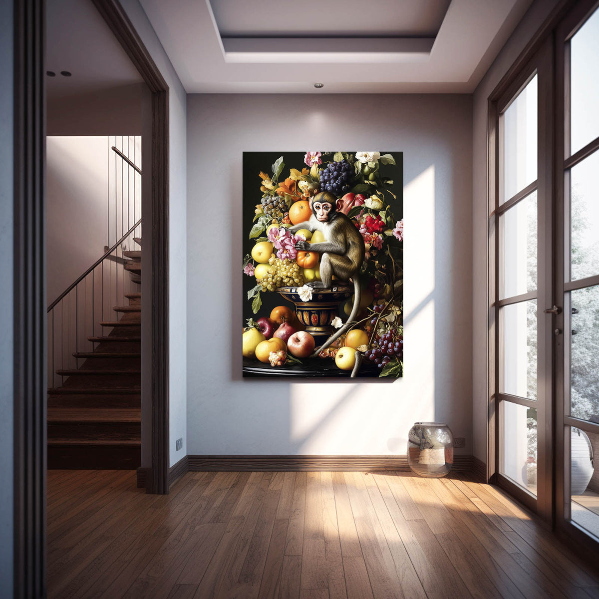 Baroque Fruit Feast Monkey Canvas Art — vintage canvas print, styled in a furnished interior