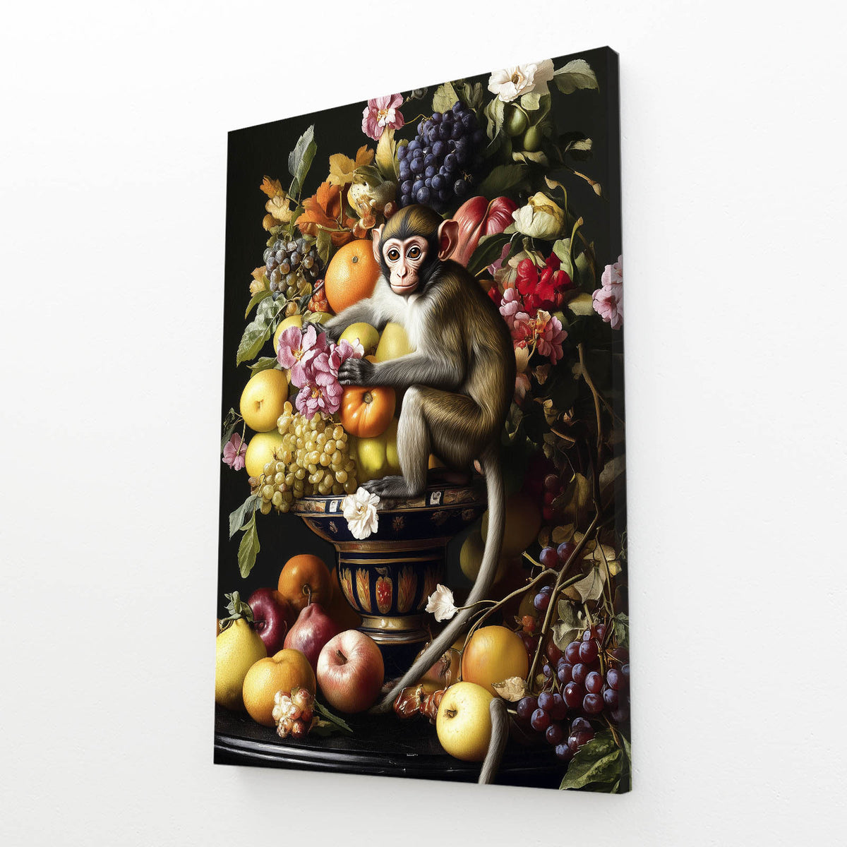 Baroque Fruit Feast Monkey Canvas Art — vintage canvas print, angled canvas view on white background