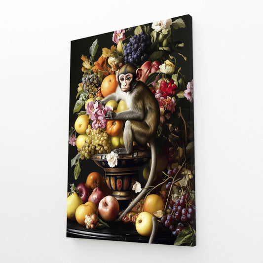 Baroque Fruit Feast Monkey Canvas Art – angled canvas view on white background