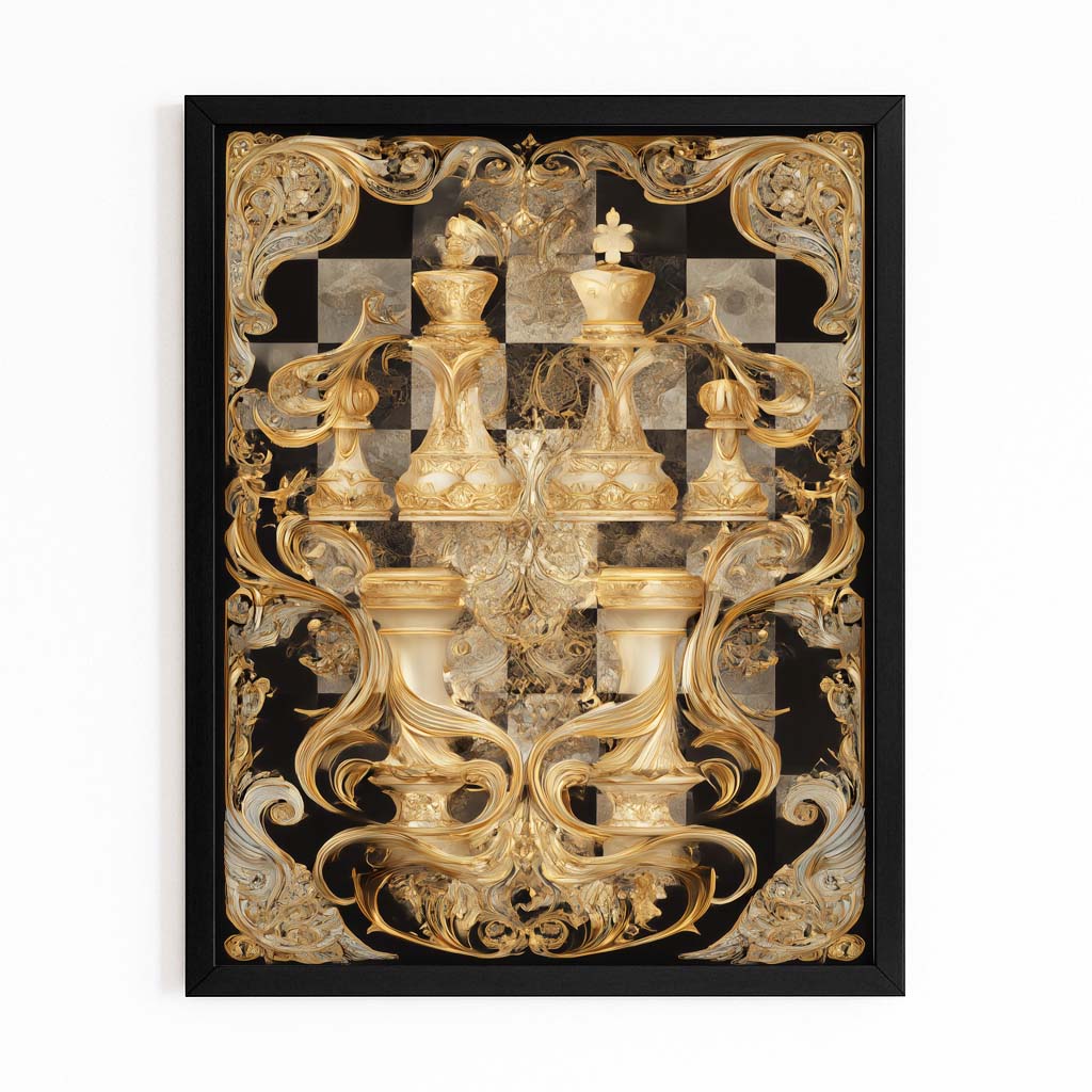 Baroque Gilded Court Chess Art – with Premium Black frame on white background