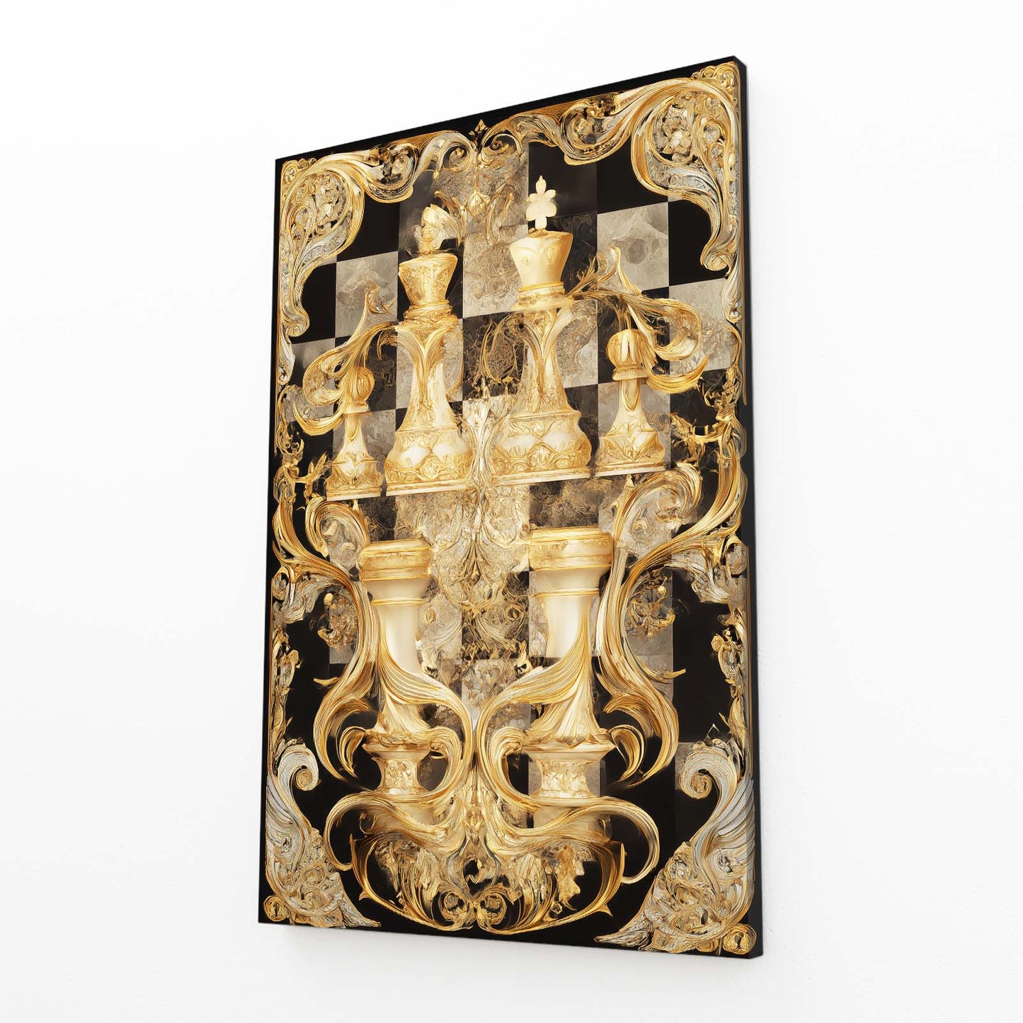 Baroque Gilded Court Chess Art – angled canvas view on white background