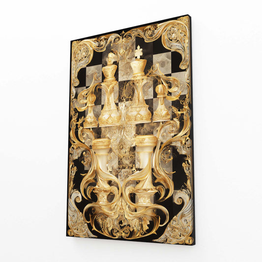 Baroque Gilded Court Chess Art – angled canvas view on white background