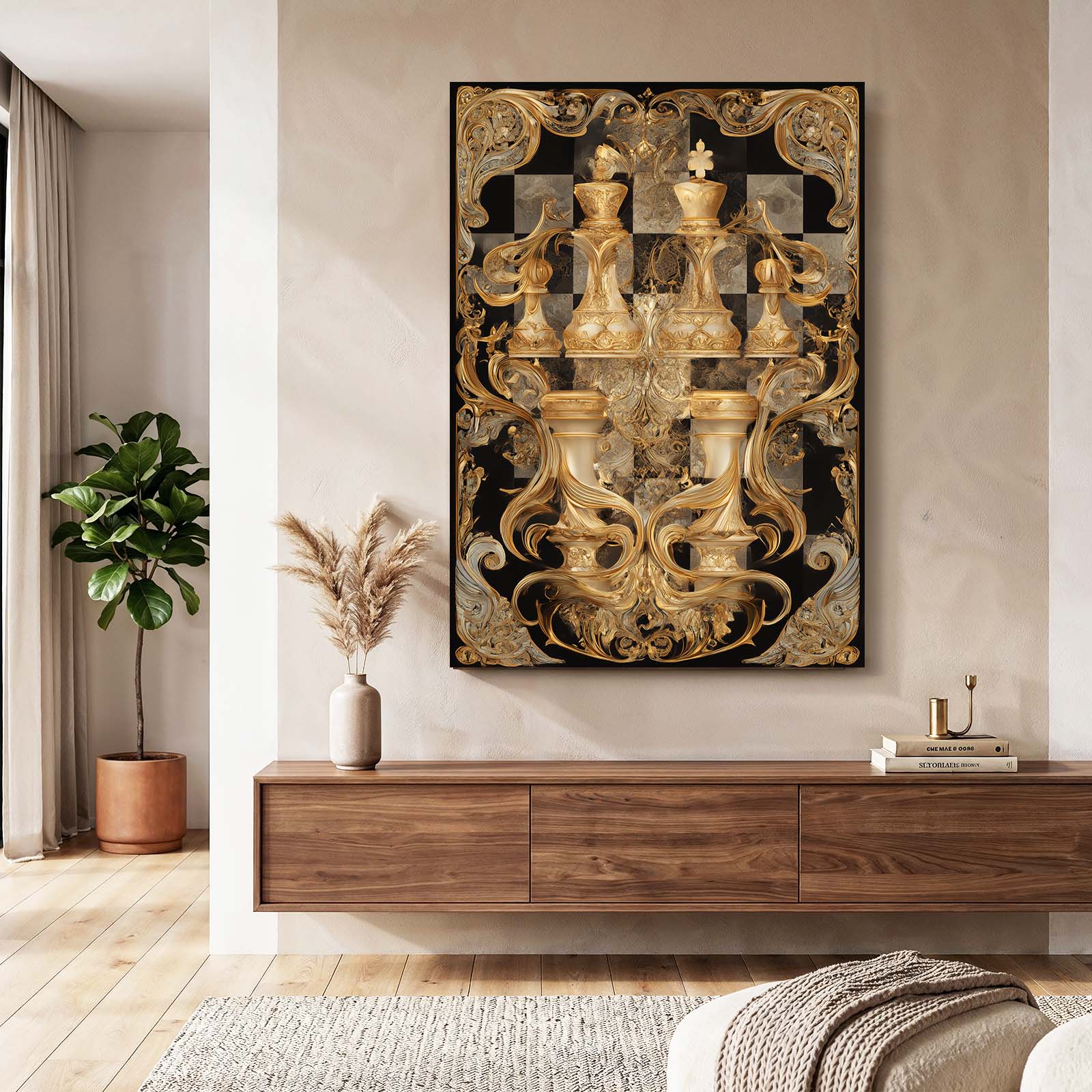 Baroque Gilded Court Chess Art – styled in a furnished interior