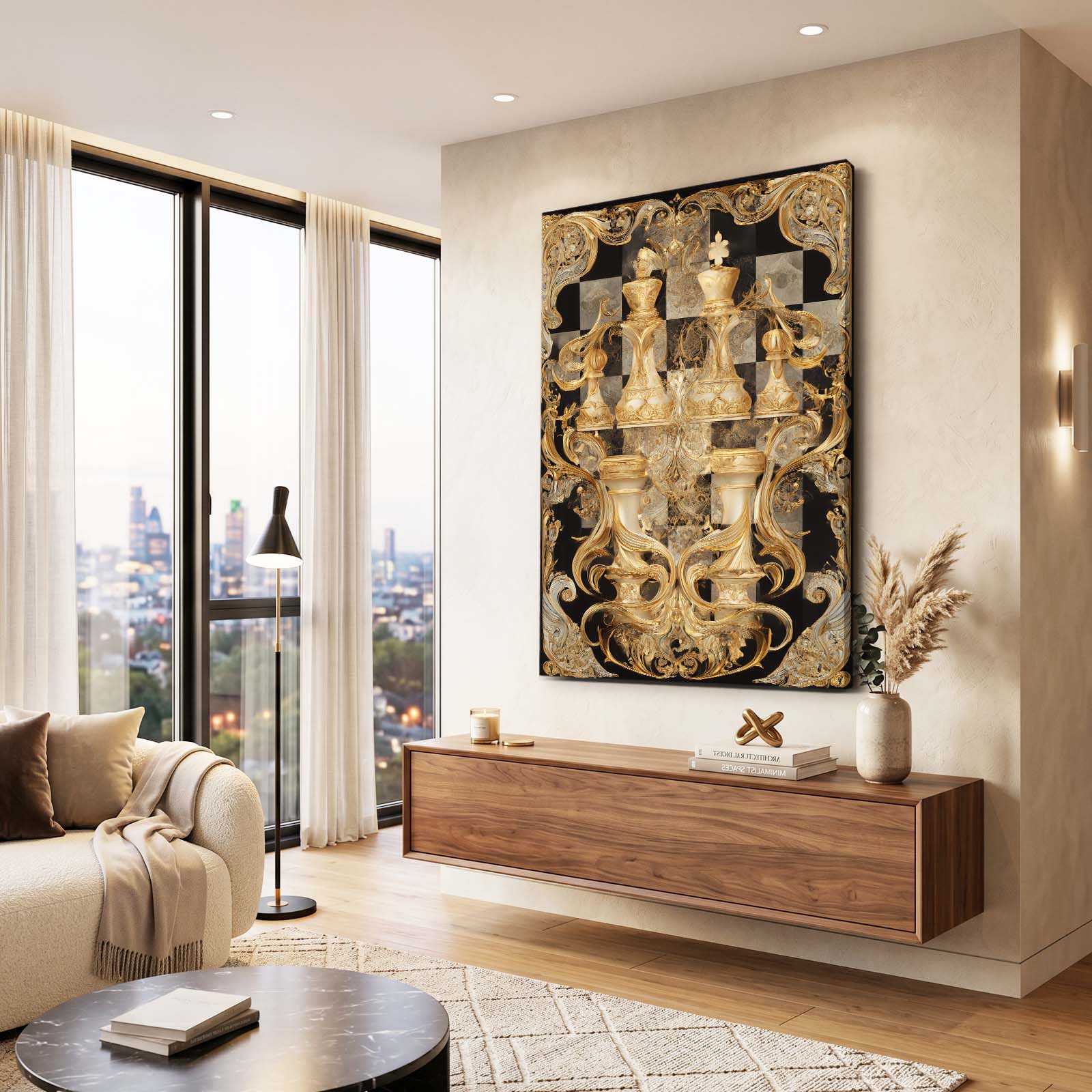 Baroque Gilded Court Chess Art – styled in a furnished interior