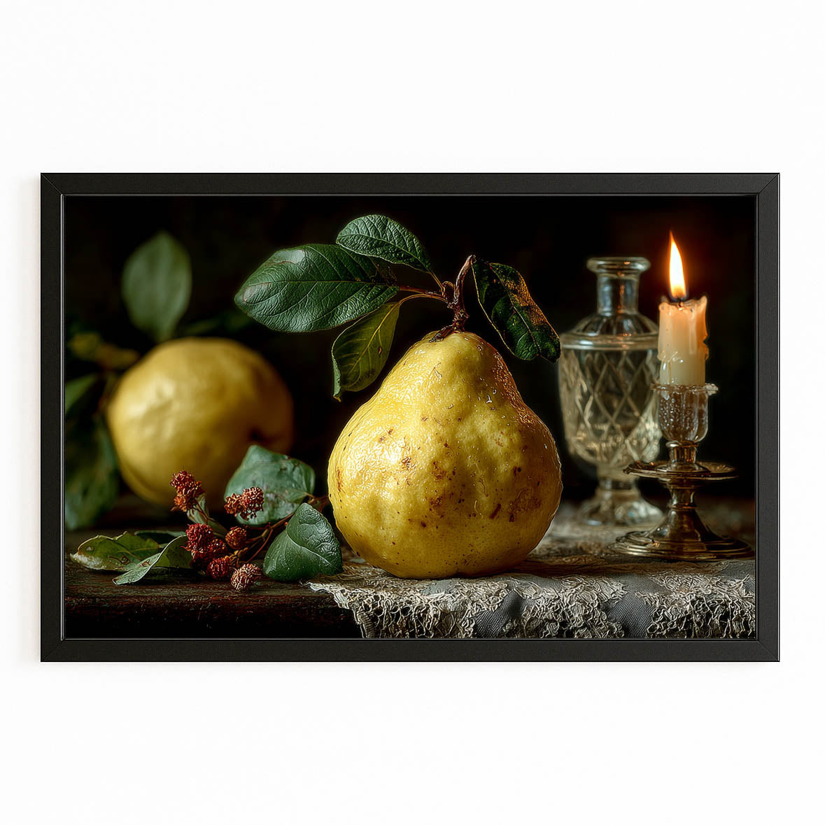 Baroque Pear Candle Fruit Prints – with Premium Black frame on white background