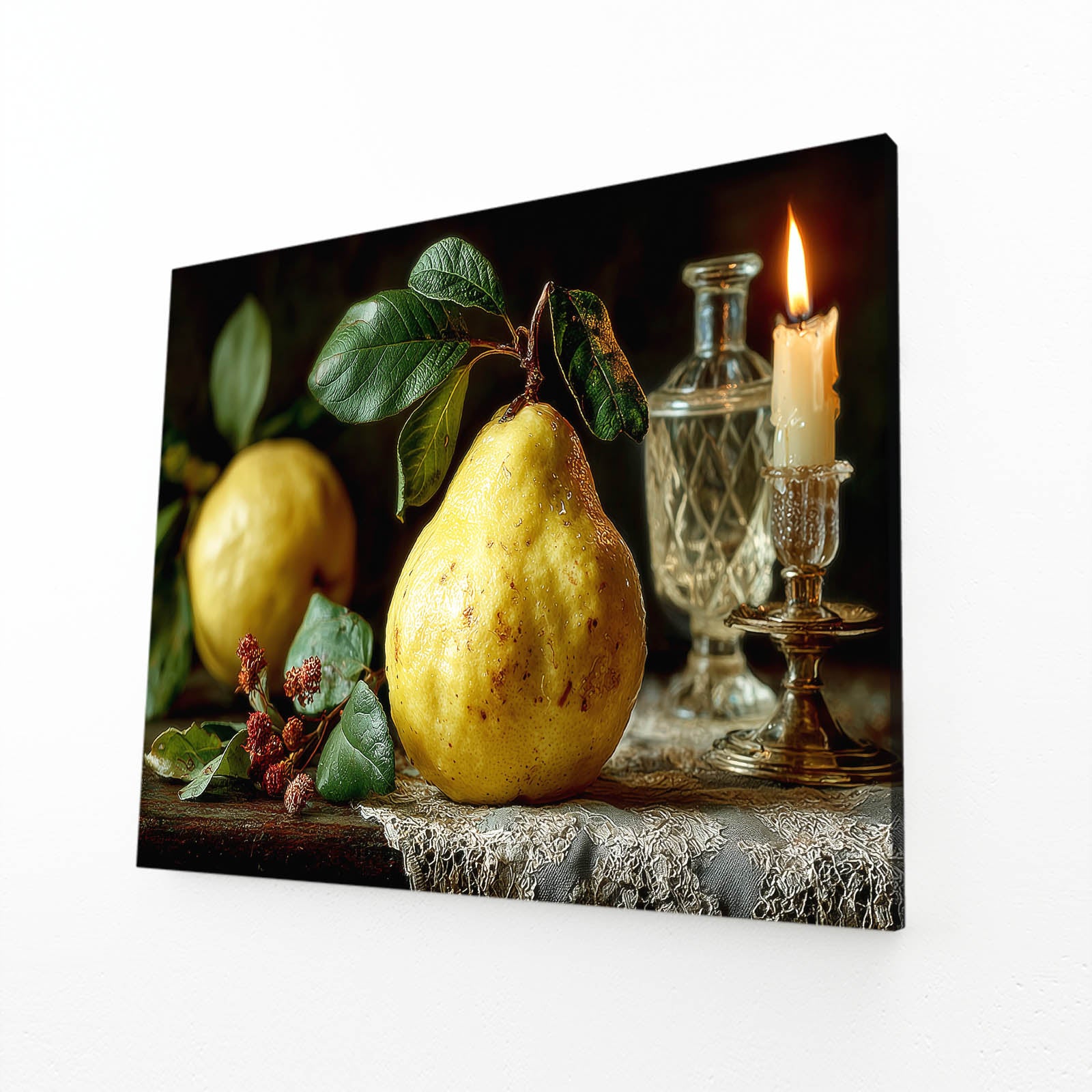 Baroque Pear Candle Fruit Prints – angled canvas view on white background