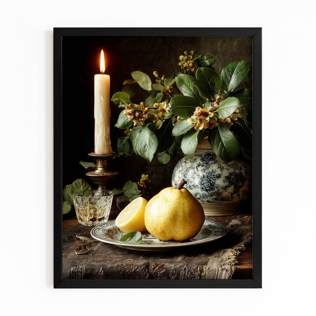 Baroque Pear Still Life Fruit Wall Decor – with Premium Black frame on white background
