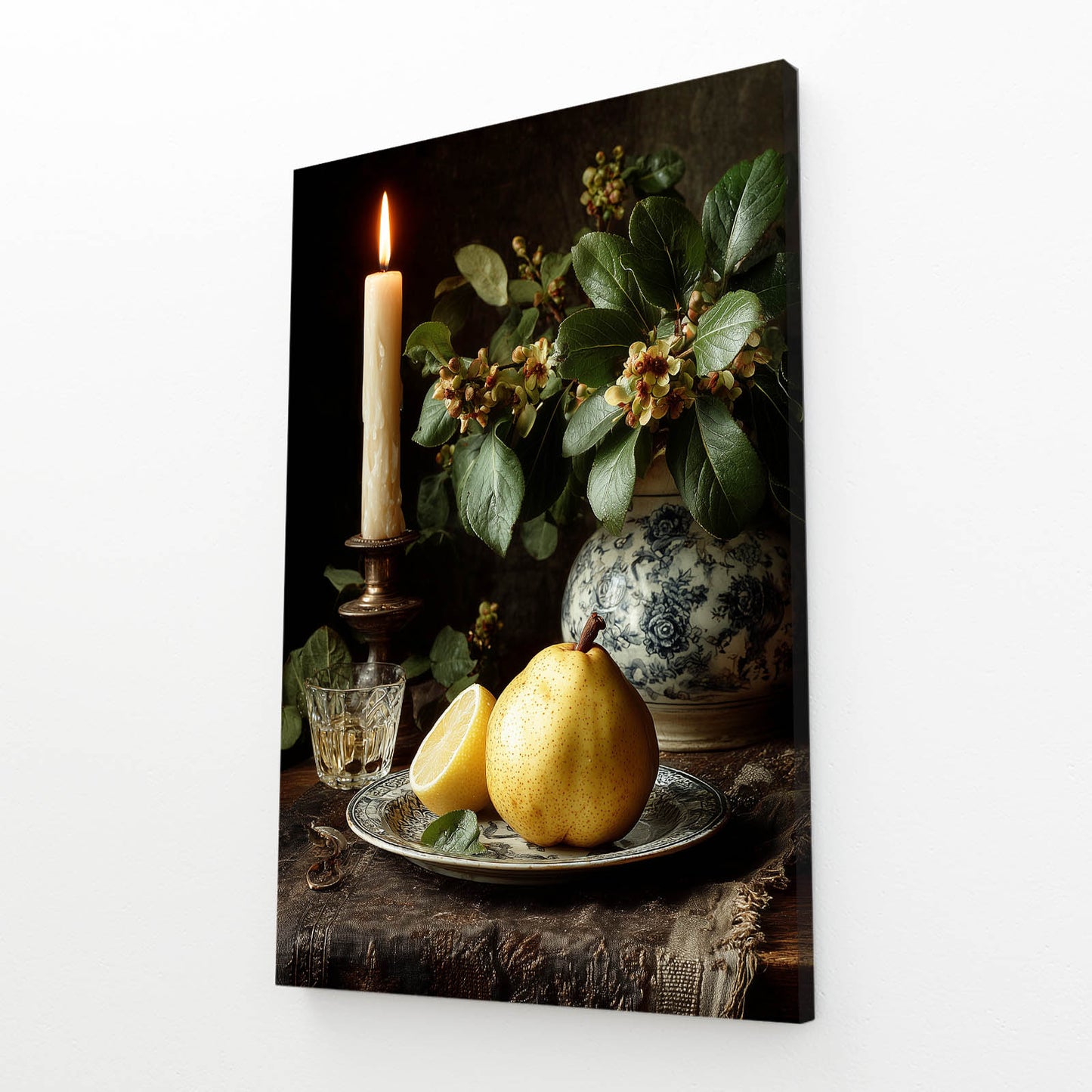 Baroque Pear Still Life Fruit Wall Decor – angled canvas view on white background