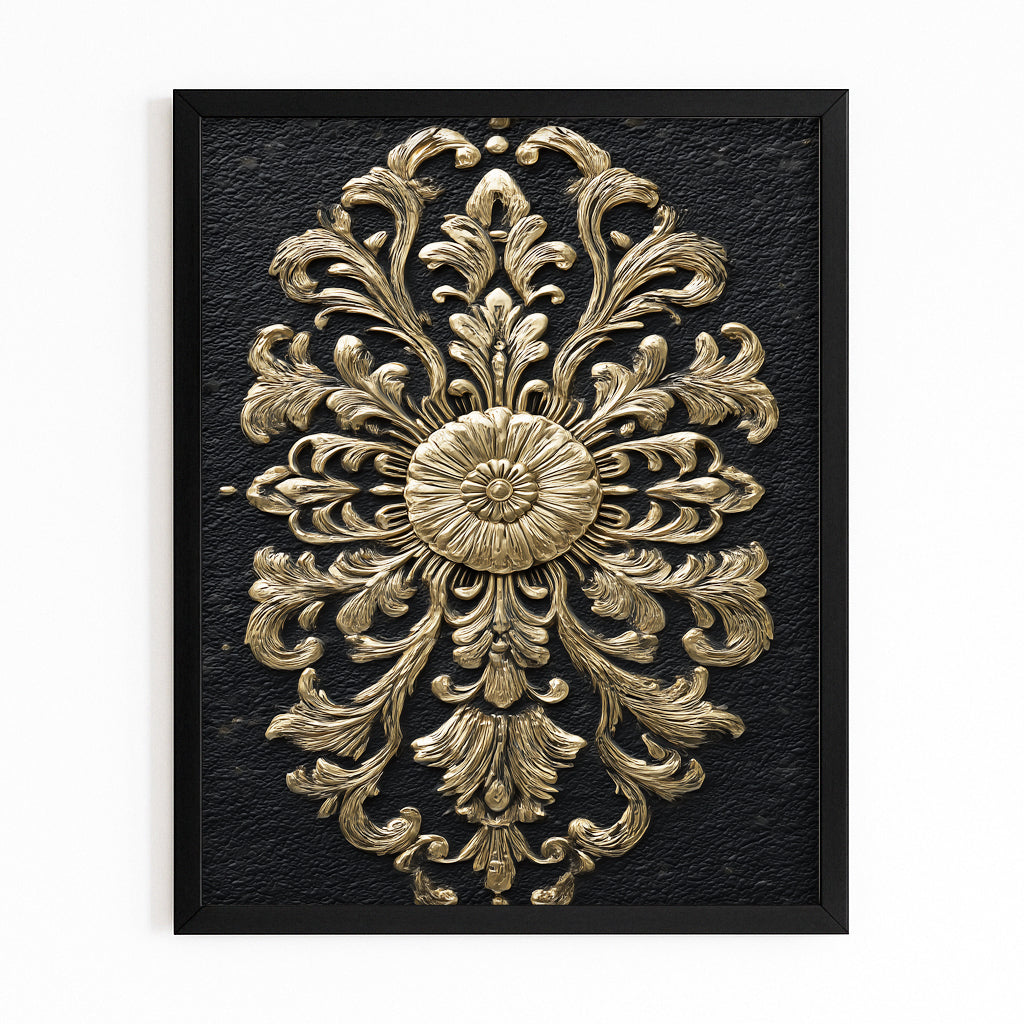 Baroque Rosette Relief Gold Canvas – with Premium Black frame on white background